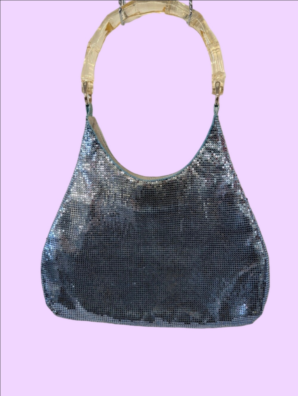 Vintage Whiting And Davis Blue Sequin Shoulder Bag Lucite Handle Y2k